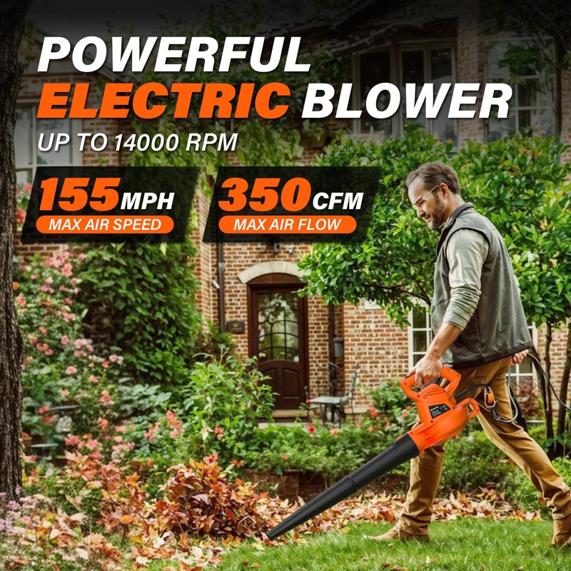 MAXLANDER Leaf Blower Corded, 7-AMP 350CFM/155MPH Electric Leaf Blower, Lightweight