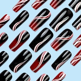 Square Press on Nails Medium Black Red Gradient False Nails Fall Fake Nails with Glitter Designs Autumn Acrylic Nails Medium Stick on Nail Glossy Glue on Reusable Artificial Nail for Women