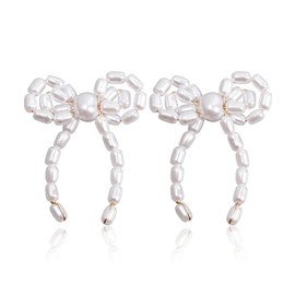 TOFBS Pearl Bow Earrings Gold and Silver Elegant Bow Stud Earrings Hypoallergenic Cute Statement Butterfly Earrings Jewellery Gift for Women and Girls Ladies, Acrylic