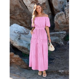 MASCOMODA Spring Dresses for Women 2024 Off Shoulder Short Puff Sleeve Maxi Dress Flowy A Line Smocked Ruffle Midi Dresses(Pink,X-Large)