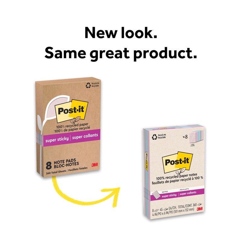 Post-it 100% Recycled Paper Super Sticky Notes, Lined, 4 in.