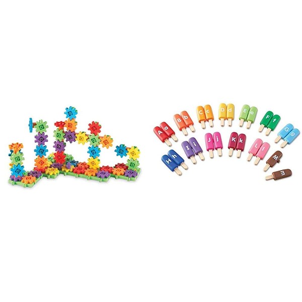 Learning Resources Gears! 100 Piece Deluxe Building Set, Construction Toy, Ages 3+ & Smart Snacks Alpha Pops, Alphabet Matching & Fine Motor Skills Toy, 26 Double Sided Pieces, Ages 2+,Multi-Color