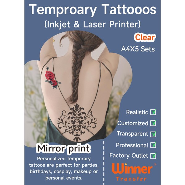 WinnerTransfer Professional Printable Clear Temporary Tattoo Transfer Paper for Inkjet