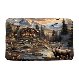 ZKJSMGS Rustic Cabin Bath Rug,Wildlife Deer Moose Forest Lake Animal Mountain Vinatge Camping Brown 18x30 Inch Bath Mat for Bathroom Kitchen