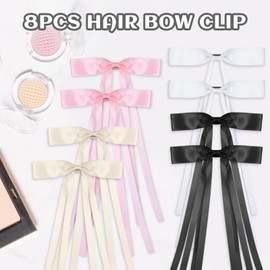 8PCS Silky Satin Ribbon Girl Hair Bows For Women, Ribbon Girl Bows For Hair Barrettes with Long Tails, Bowknot Ponytail Holder Slides for Women Toddlers Teens Accessories(Pink White Rice Black)