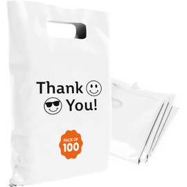 OPTIPAK Plastic Bags with Handles – 12x15 Merchandise Bags for Small Business, Die-Cut Retail Boutique & Shopping Bag, Goodie Bag & Trade Show Supplies – Thank You (Pack of 100)