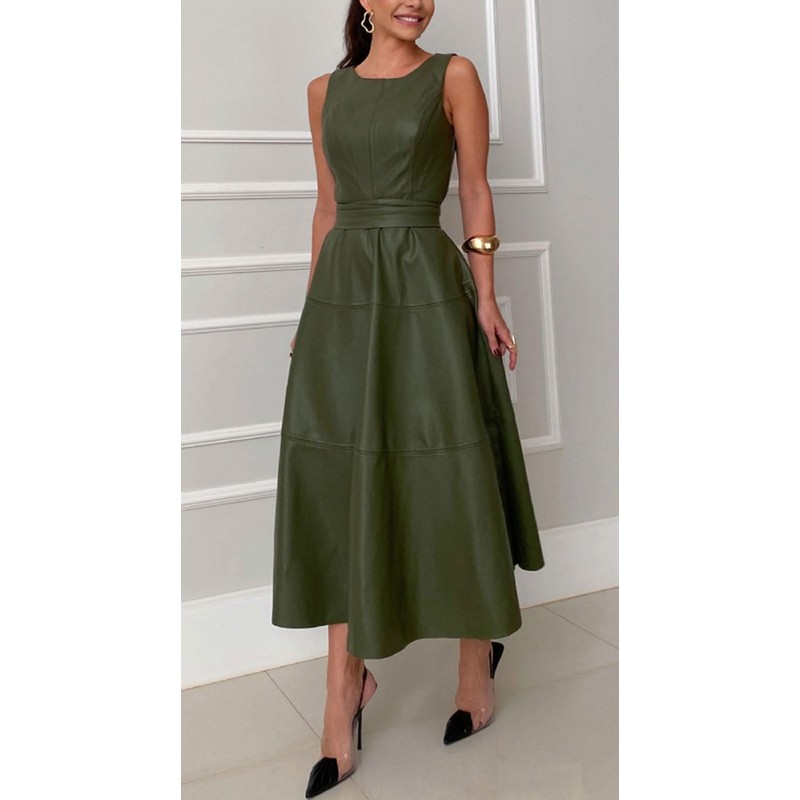 CHARTOU Women PU Faux Leather Sleeveless Elegant Flowy Long Dress