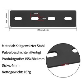 Pack of 4 Adjustable Flat Connectors, Flat Repair Plates with Slots, Metal Connector, Wood Connector, Connection Plate, Black Flat Corner Bracket with Slotted Hole for Wood Furniture (155 x 38 x 4 mm)