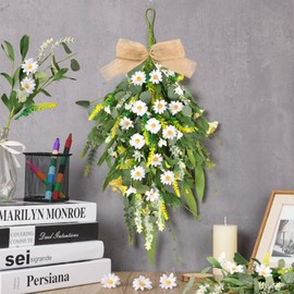 4 Pcs 24" Artificial White Daisy Teardrop Wreath Swag Spring Summer White Floral Hanging Swags Wreath for Kitchen Cabinet Doors Window Wall Wedding Party Home Decor