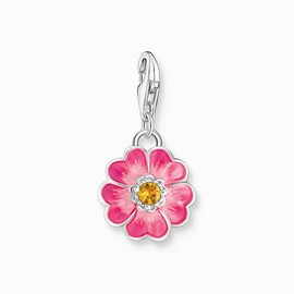 THOMAS SABO Silver Flower Charm, Pink Enamel Blossom with Orange Cubic Zirconia, Recycled Silver, Sterling Silver, Cubic Zirconia