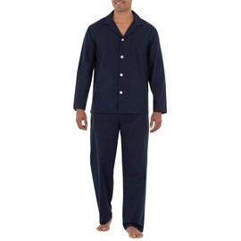Fruit of the Loom Men's Long Sleeve Broadcloth Pajama Set, Navy, Medium