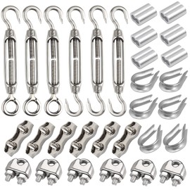 Leaum Pack of 30 Turnbuckles M4 Wire Tensioner Set with Stainless Steel Turnbuckle M4, Wire Rope Clamp 3 mm Stainless Steel, Wire Rope Thimbles 3 mm and Press Clamp 3 mm Aluminium for Tightened Rope