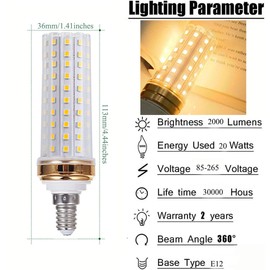 Edearkar E12 LED Light Bulbs 20W Candelabra LED Bulbs 180 Watt Equivalent - 88 LEDs 2835 SMD 1800lm Warm White 3000K Decorative Candle Base E12 LED Chandelier Bulbs, 20W,AC85-265V,Pack of 4