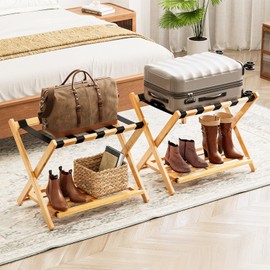 SpaceAid Fully Assembled Luggage Rack 2 Pack, Bamboo Foldable Suitcase Stand for Guest Room, Heavy Duty Folding Luggage Holder with Storage Shelf for Bedroom and Hotel, Natural