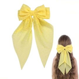 Ling & Bai 8 Inches Large Hair Bow Clip Big Long Tulle Layered Bows Barrettes Hair Accessories for Women Girls Teens (Yellow)