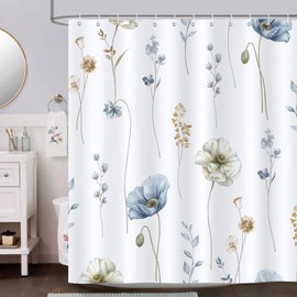 Bonhause Watercolor Floral Shower Curtain, Modern Minimalist Blue Beige Flower Bathroom Curtain 72x72 Inch Polyester Fabric Waterproof Bath Curtain with 12 Hooks