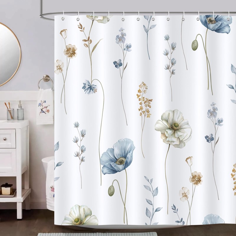 Bonhause Watercolor Floral Shower Curtain, Modern Minimalist Blue Beige Flower