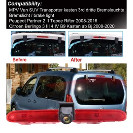 HD Waterproof Parking Aid Car Third Roof Top Mount Brake Lamp Light Rear View Backup Camera for Proace/Citroen Berlingo B9 Mk2 MK3 Furgon/Opel Combo/Sedan X19/Peugeot Partner Tepee/Rifter