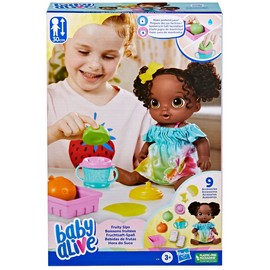 Baby Alive Fruity Sips Doll, Lime, Toys for 3 Year Old Girls, 12-inch Baby Doll Set, Drinks & Wets, Pretend Juicer, Kids 3 and Up, Black Hair