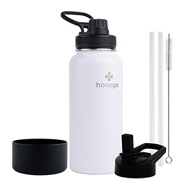 honogo 32 oz Powder Coated Double Wall Vacuum Insulated Sports Water Bottle, 18/8 Stainless Steel Wide Mouth Thermos Flask with Straw Lid & Spout Lid, Leak Proof, Sweat Free, BPA Free (White, 32 oz)