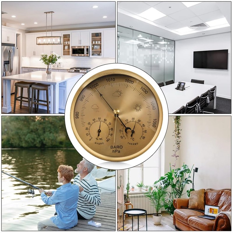 Dial Barometer Thermometer Hygrometer (Gold) Metal+ABS+Acrylic for Home, Wall Decor,