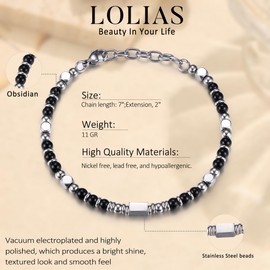 LOLIAS Bracelet Beads for Women Men Fossil Obsidian Tiger's Eye Beads Turquoise Bracelets Women's Pearl Bracelets Stainless Steel Gifts Best Friend Gemstone Jewellery Bracelet Women Silver
