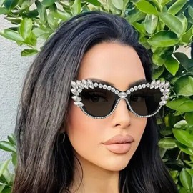 LJCZKA Cat Eye Rhinestones Sunglasses Womens, Retro Diamond Sunglasses Crystal Jeweled Bling Cateye Eyewear