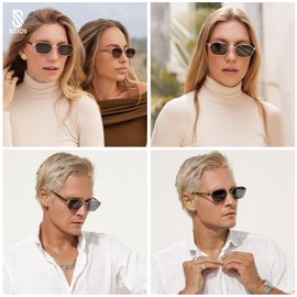 SOJOS Trendy Polarised Hexagonal Sunglasses for Men and Women, Retro Metal Square Vintage Sunglasses with UV400 Protection SJ1238, Silver Frame & Green Lenses, M