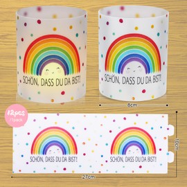 Pack of 12 Rainbow Lanterns, Table Decoration, Birthday, Lantern Schön DASS Du Da Bist, Rainbow Decoration Children's Birthday, Suitable for Tea Lights or Candles
