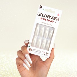 Gold Finger 24 Pcs Holiday Press On Nails – Christmas French Tip Square Coffin Oval Fake Nails, Long-Lasting Glossy Glitter Winter Seasonal Snow Flake X-mas Glue On Nails (FROSTY IS COLD)
