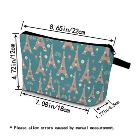 YULUENZE Blue-green Eiffel Tower Makeup Bag Cute Small Organizer Bag with Zipper Floral Bicycle Eiffel Tower Cosmetic Bag Aesthetic Birthday TravelPresent for Women Friends