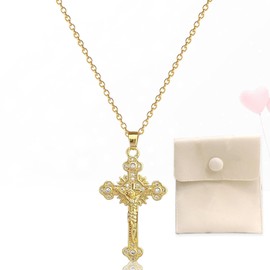 Brateuanoii Full Cubic Zirconia Cross Pendant, Cross Chain Women's Stainless Steel with Diamond, Cross Chain Gold, Christian Cross Chain, with Storage Bag, Fashion Jewellery for Women Girls Gift