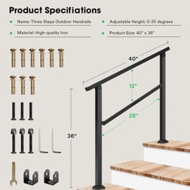 VIVOSUN Outdoor Handrail, 3-4 Step Stair Handrail, 40" x 36" Fits 1 to 4 Steps, Wrought Mattle Iron Handrail for Concrete Steps, Porch Steps, Black