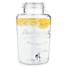 Navaris Beverage Dispenser with Spigot - 2.1 Gallon (8L) Glass Drink Jar with Stainless Steel Tap and Clip Top Lid - For Hot or Cold Drinks, Ice Water
