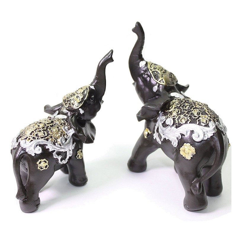 Set of 2 Feng Shui Black Elephants Trunk Statue Lucky