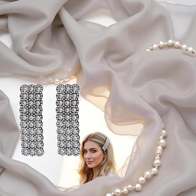 2 Pcs Silver Rhinestones Snap Hair Clips for Women Girls
