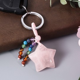 moonsix Crystal Star Keychain with 7 Chakra Beads Natural Reiki Healing Stones Keyring Charm Decor for Unisex, Rose Quartz