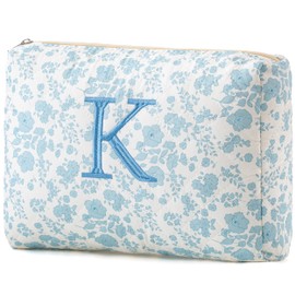 HBselect Initial Quilted Makeup Bag, Cotton Large Travel Makeup Bag, Cute Floral Coquette Make up Bag Cosmetic Bag Toiletry Bag for Women Girls K