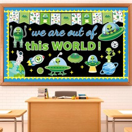 QOUBAI Outer Space Theme Bulletin Board Set Alien Classroom Bulletin Board Decorations Space Astronaut Planet Cutouts Classroom Decorations for Back to School Office Home Chalkboard Decor Wall Door