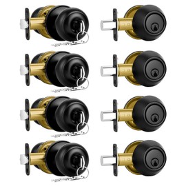 Plustool 4 Pack Front Door Lock Set,Matte Black Exterior Door Lock Set with Deadbolt,Single Cylinder Deadbolt Lock and Door Knob Set,Keyed Alike Door Knob with Lock&Keys,Round Ball Entry Door Lockset