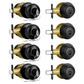 Plustool 4 Pack Front Door Lock Set,Matte Black Exterior Door Lock Set with Deadbolt,Single Cylinder Deadbolt Lock and Door Knob Set,Keyed Alike Door Knob with Lock&Keys,Round Ball Entry Door Lockset
