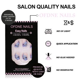 Flower Press on Nails Short Square French Tip Fake Nails False Nails with Designs Blue Floral Glitter Glossy Glue on Nails Spring Summer Acrylic Nails for Women Girls 24 Pcs
