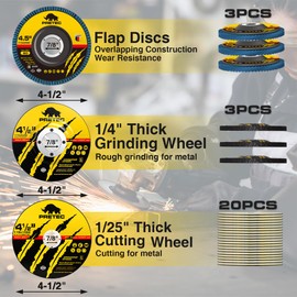 PRETEC 26 Packs Angle Grinder Cutting Flap Grinding Disc Wheel 4 1/2in Inches - 20 Packs 4.5"x1/4"x7/8" Cut Off Wheels,3 Packs 4.5"x7/8" 60 Grit Flap Discs, 3 Packs 4.5"x1/25"x7/8" Grinding Wheels
