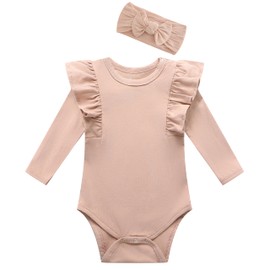 O2 BABY Organic Cotton Onesie Baby Girl Ruffle Romper Long Sleeve Bodysuit Jumpsuit with Headband Outfit Set for Infant(0-3Months, Misty Rose