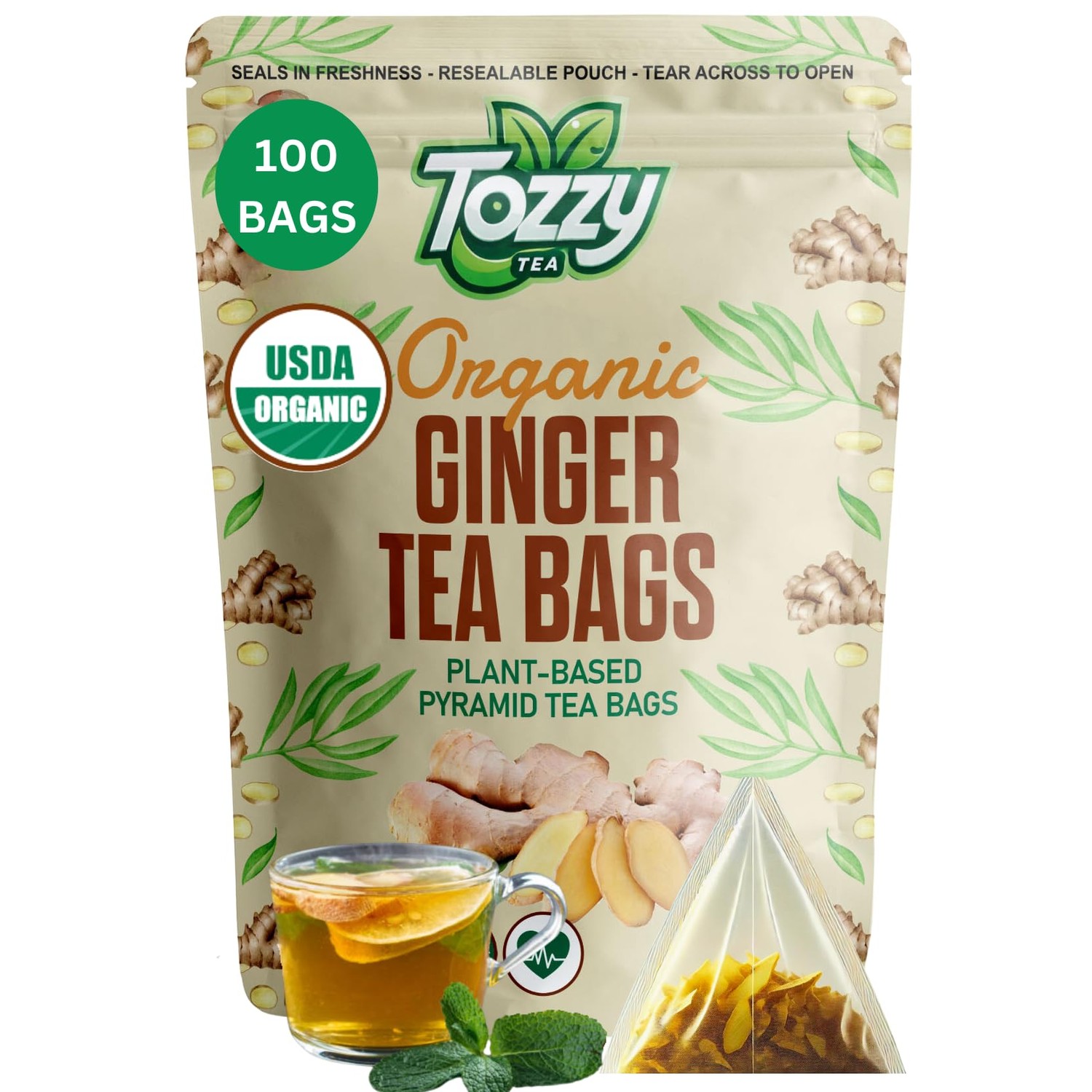 Tozzy USDA Organic Ginger Tea - 100 Count (Pyramid Tea Bags) | Pure ...
