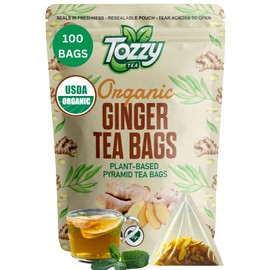 Tozzy USDA Organic Ginger Tea - 100 Count (Pyramid Tea Bags) | Pure Plant-Based Ingredients | Eco-Conscious Packaging