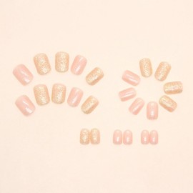 24Pcs Press on Nails Short Powdery Transparent Square Fake Nails Full Cover with Glitter Design Glossy Glue on Nails Artificial False Nails Supplies Charms Acrylic Nails Decoration for Women Nail Art