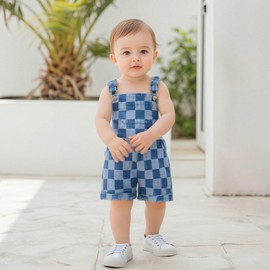MAINESAKA Toddler Baby Boy Girl Plaid Overalls Romper Jumpsuit Sleeveless Adjust Button Strap Suspender Shorts Summer Clothes (A-Sky Blue, 4-5 Years)