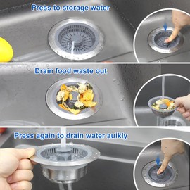 SKNAMG Kitchen Sink Plug, Plug for Sink, Filter Food Leftovers and Odour Prevention, Stainless Steel Anti-Clogging Drain Strainer, Kitchen Sink, Suitable for Sink Bore 76-81 mm
