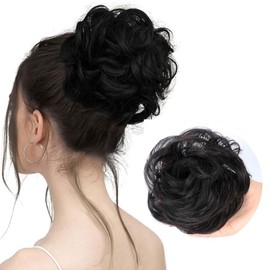 YOSILADY Messy Bun Hair Piece Human Hair Natural Black Hair with Elastic Band Scrunchies Stretchy Fluffy Chignon Ponytail Hairpieces Updos for Women Girls (Natural Black, Curly)